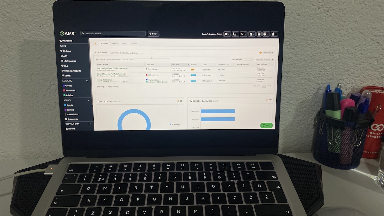 AgencyBloc CRM dashboard showing activity list, priority tasks, completed activities, and sales tracking for insurance agents.