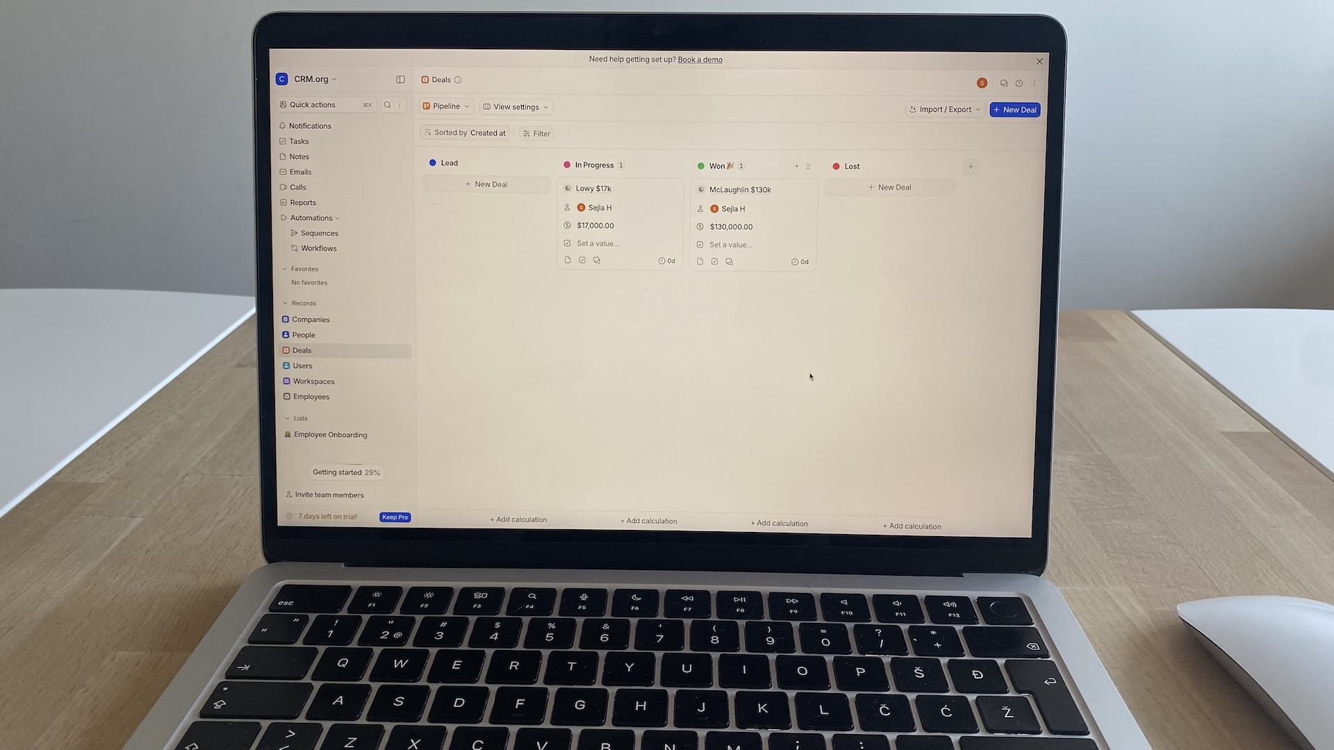 Attio deals pipeline with columns for Lead, In Progress, Won, and Lost stages.