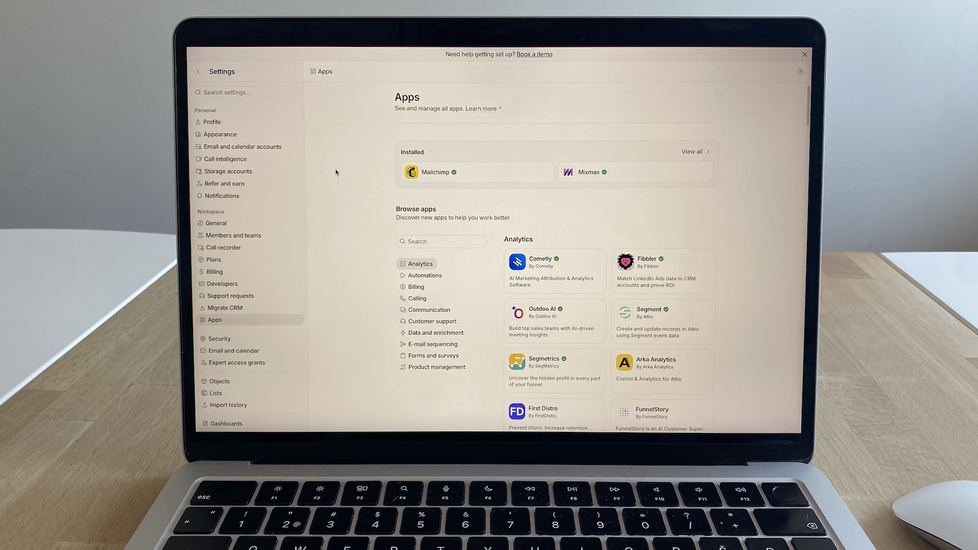 Attio’s integrations tab showing installed apps and analytics tools available for connection.