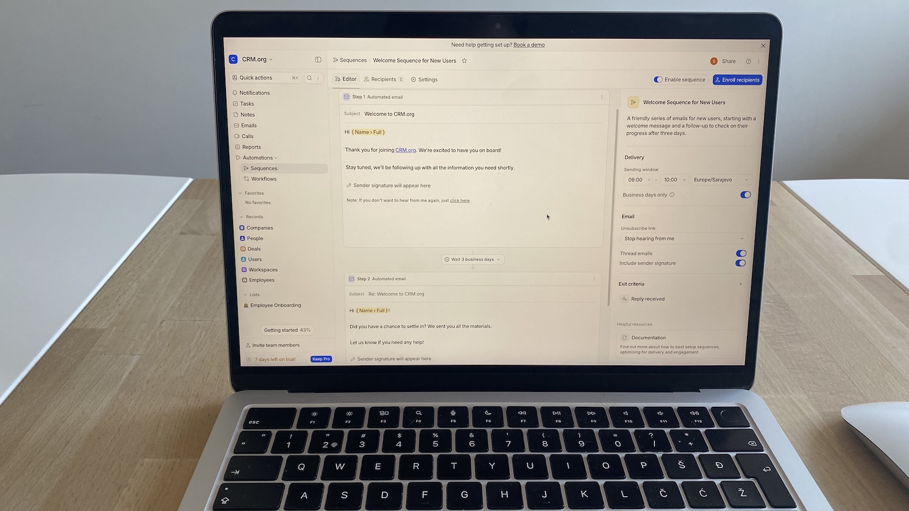 Automated welcome email sequence with two email steps shown in Attio CRM Sequences