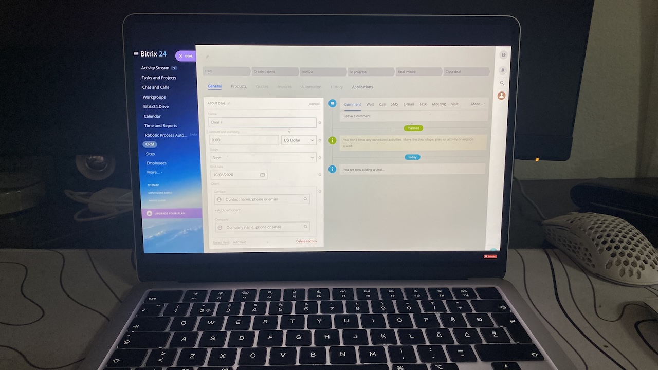 Bitrix24 CRM interface showing a new deal creation screen with activity options and customizable deal stage pipeline.