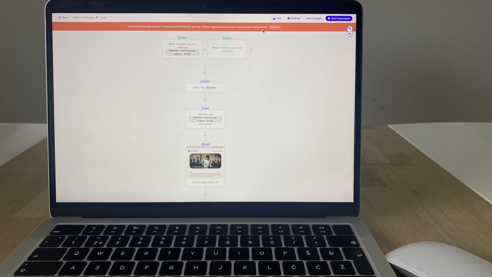 Automation workflow in Transpond showing campaign triggers, tag assignment, delay, and follow-up email.