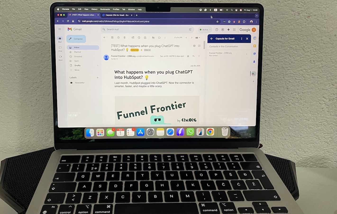 Capsule CRM integration panel visible in Gmail inbox showing contact details for an email conversation