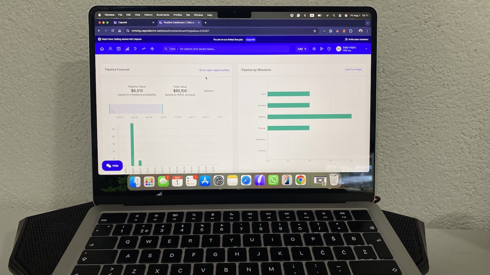 Capsule CRM pipeline dashboard showing deal forecast and stage breakdown with bar charts for probability and milestone distribution.