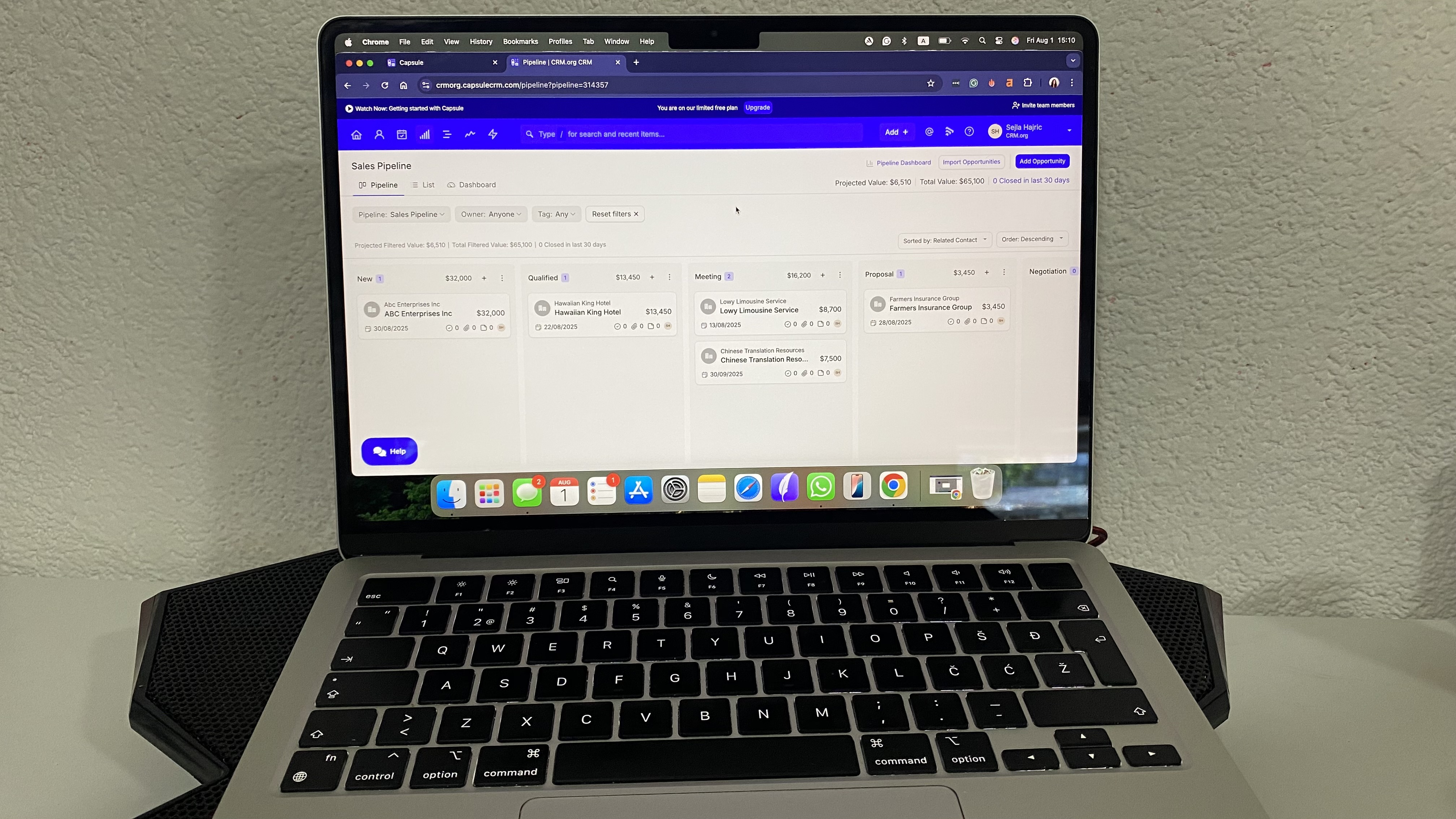 Capsule CRM sales pipeline with kanban view of deals in progress, showing values, company names, and milestone stages.