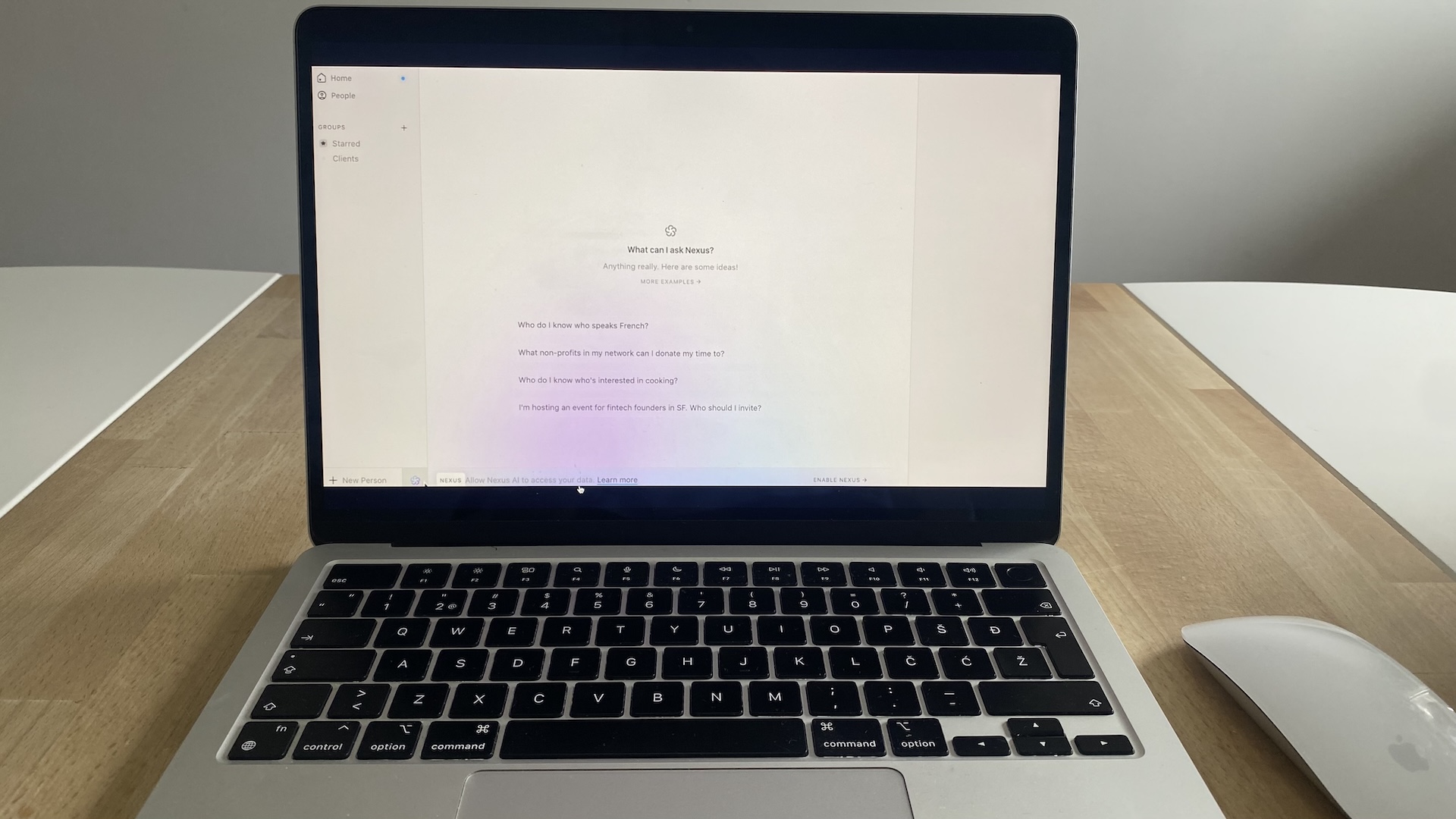 Clay personal CRM dashboard with Nexus AI prompts and filters for grouping contacts by shared interests, traits, or intent.