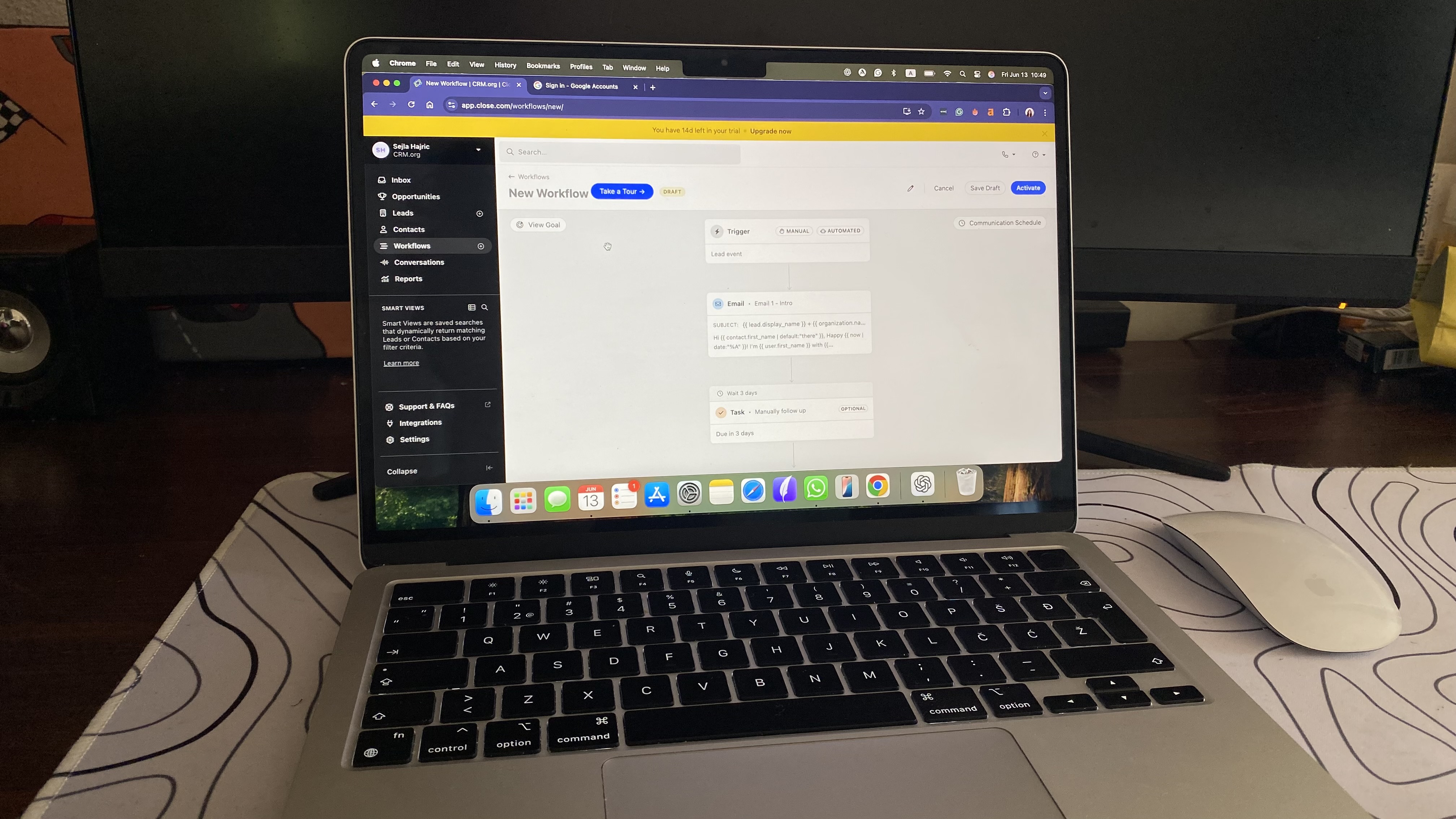Close CRM workflow builder showing automated email and follow-up task in sales sequence
