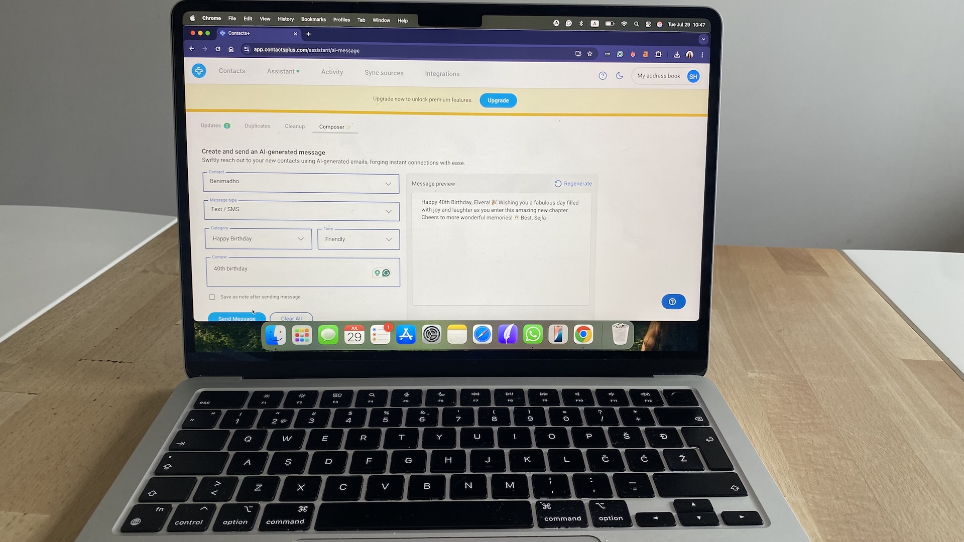 Contacts+ dashboard showing AI-generated birthday message workflow with message type, tone, and preview fields.