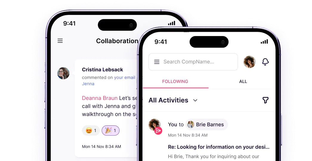 Copper CRM mobile app with collaboration feed on left and activities list on right, showing team comments and emails