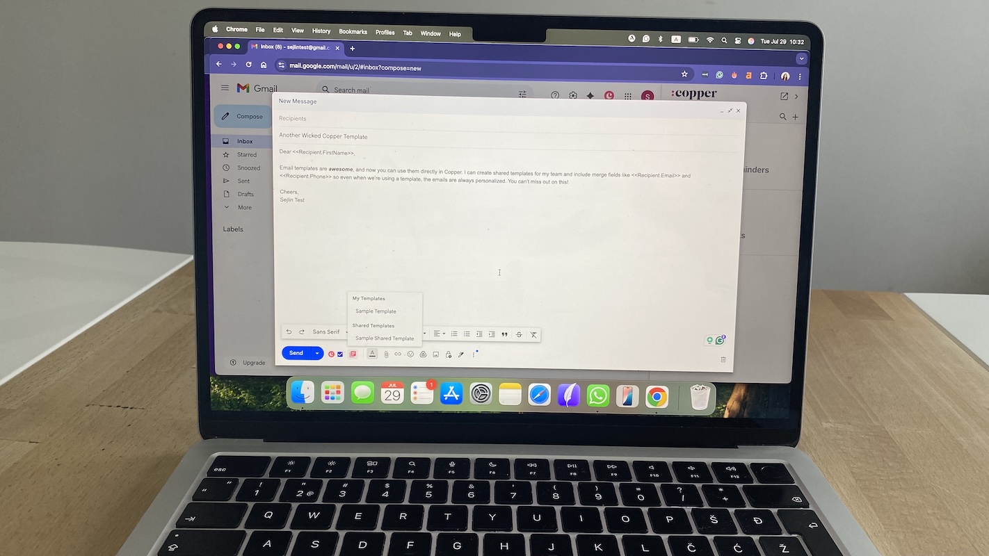 Gmail compose window using Copper CRM integration with email templates dropdown menu open