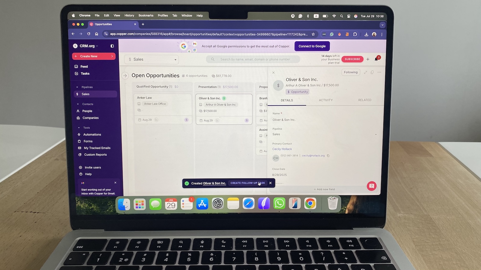 Copper CRM sales opportunities board showing pipeline stages such as Qualified, Presentation, and Proposal, with an opportunity details view open on the right side.