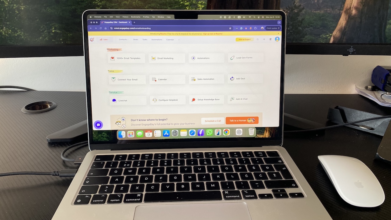 EngageBay CRM dashboard displaying marketing, sales, and service tools on a unified customer management platform