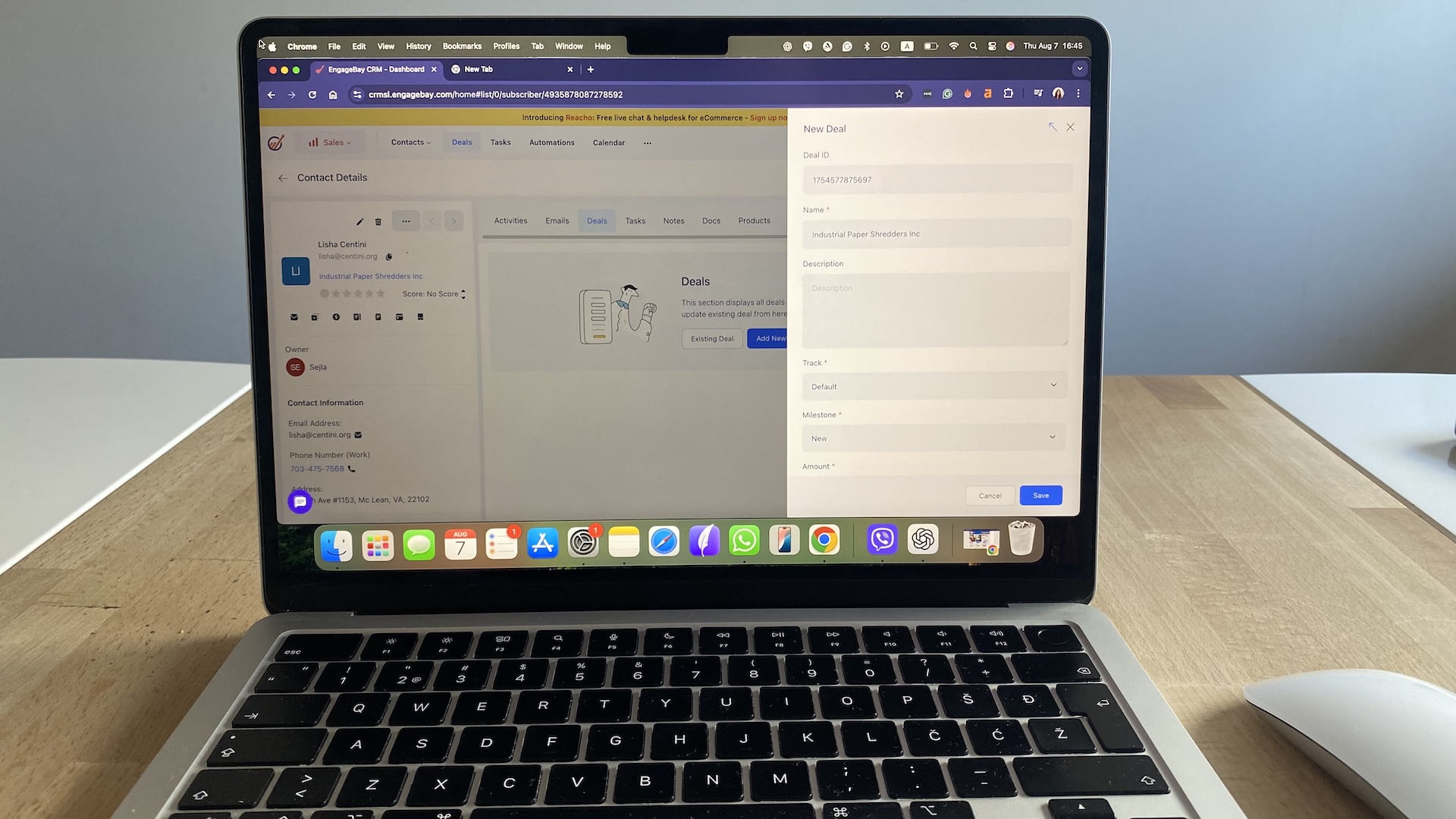EngageBay contact record showing subscriber details and the deal creation panel.