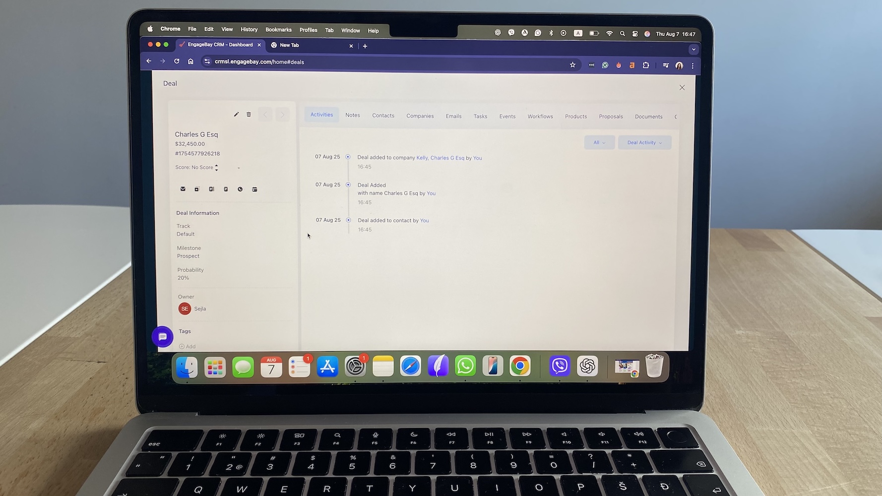 EngageBay deal record showing timeline activity and deal owner for a sales opportunity.