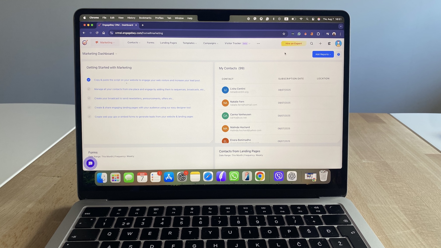 EngageBay marketing dashboard showing contact list, subscription dates, and onboarding tips for campaign setup.