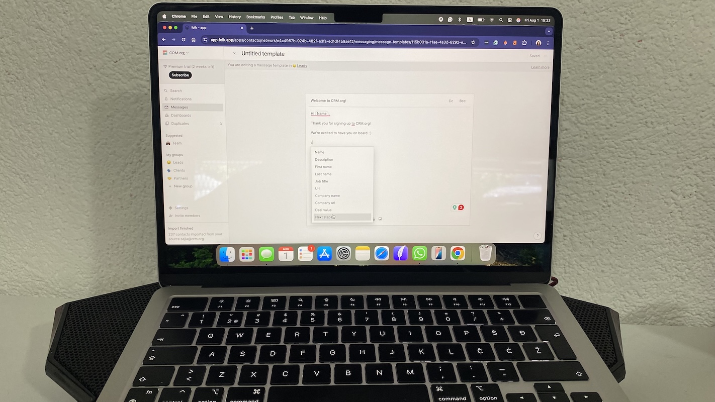 Folk CRM email template editor showing dynamic fields for name, company, and deal details