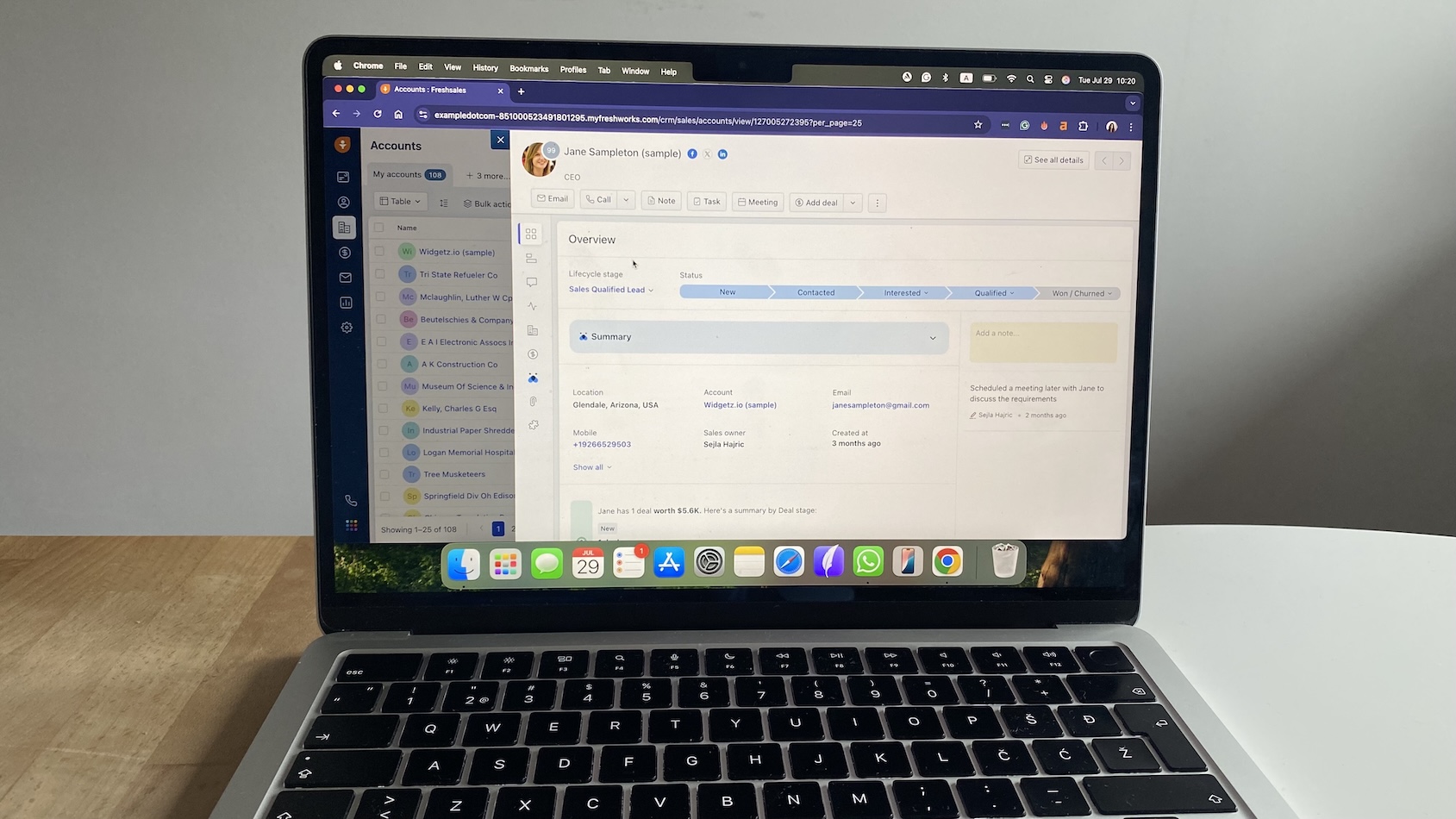 Freshsales CRM lead profile showing sales stage, contact info, deal summary, and recent notes for a contact named Jane Sampleton.