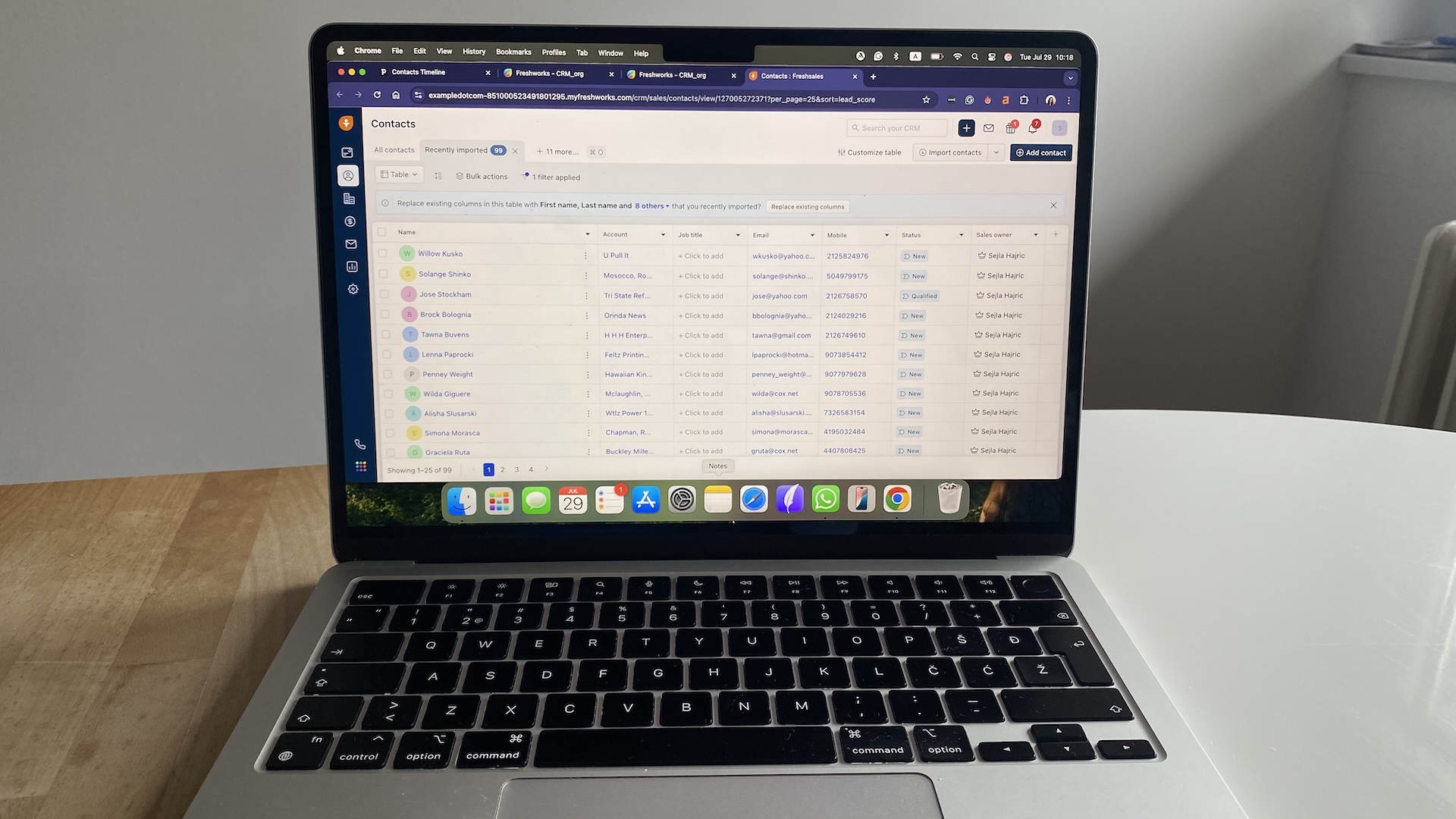 Freshsales contacts table showing names, job titles, emails, phone numbers, statuses, and assigned sales owners.