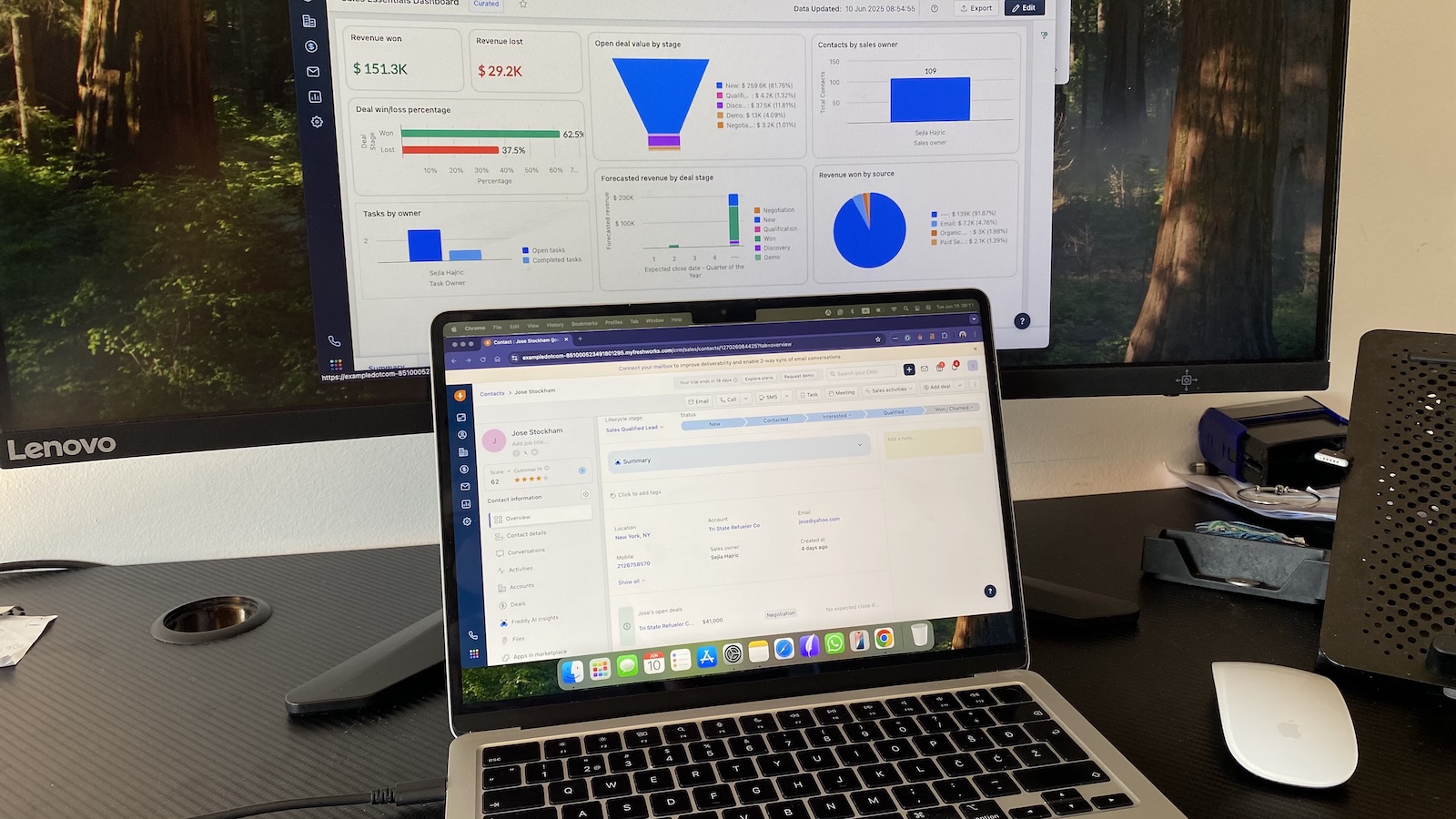 Freshsales contact and deal view alongside dashboard with sales metrics and visual charts.