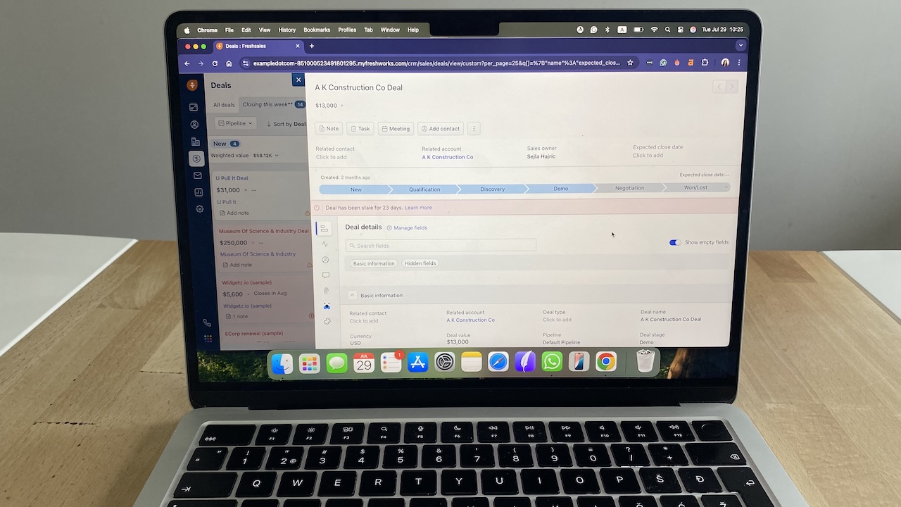 Freshsales CRM deal view showing deal details with pipeline stages, tasks, and related account info.