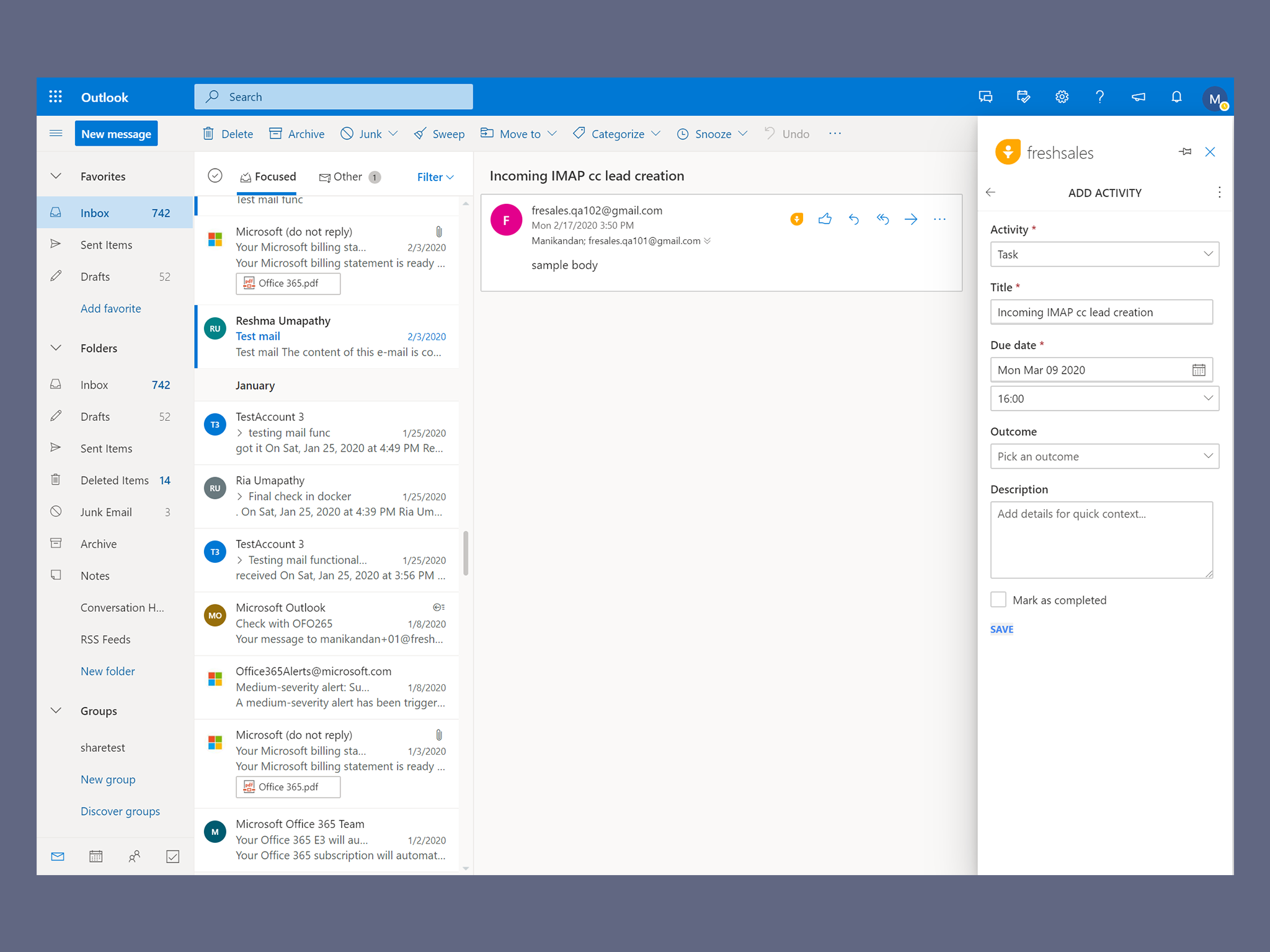 Freshsales integration with Outlook email, showing task creation pane alongside an open email from the inbox.