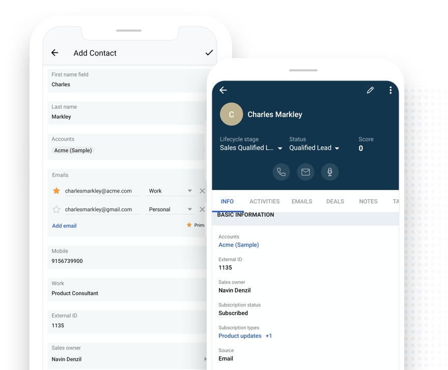 Freshsales mobile app contact view showing Charles Markley’s details, accounts, emails, lifecycle stage, and owner info