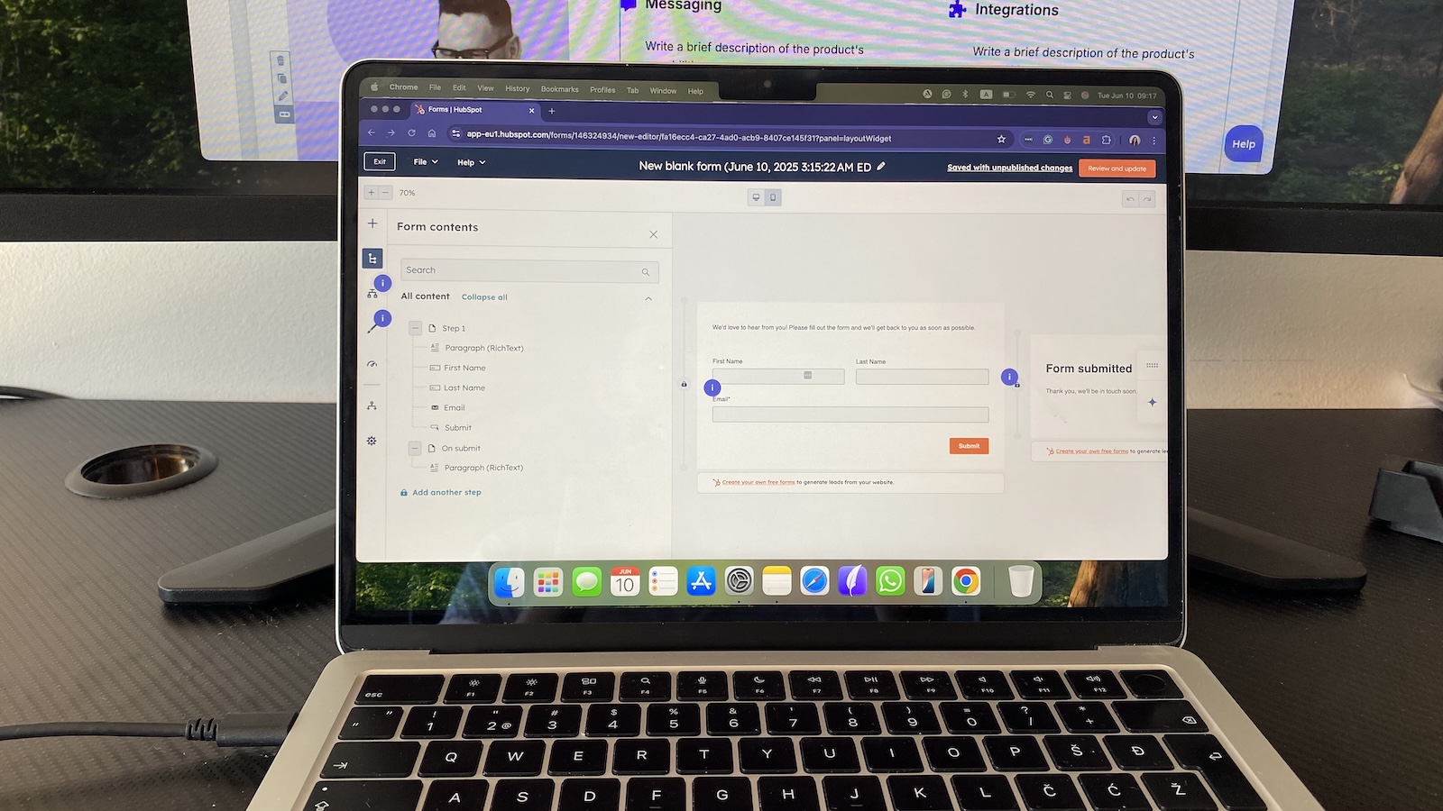 HubSpot form editor with name and email fields visible, plus preview and form structure panel on the left.