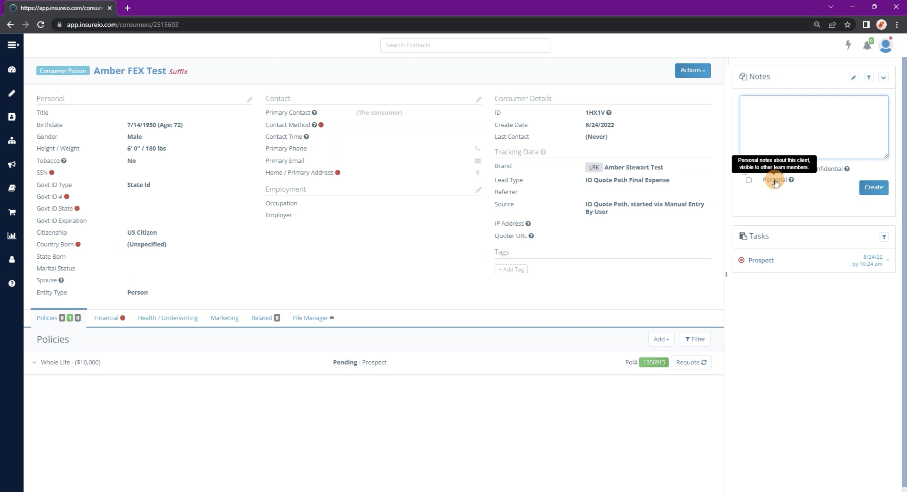 Insureio CRM contact profile showing consumer data, lead source, tags, and internal notes—used for managing client interactions across tools like Outlook.