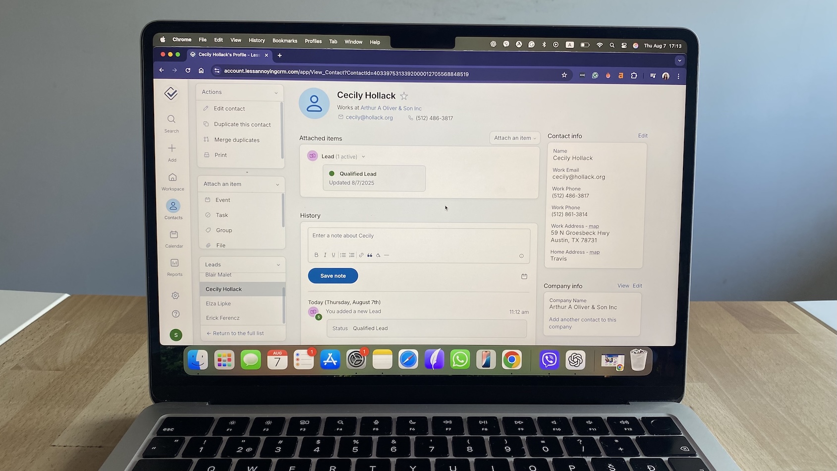 Less Annoying CRM contact profile showing qualified lead named Cecily Hollack, lead status, contact details, and activity history.