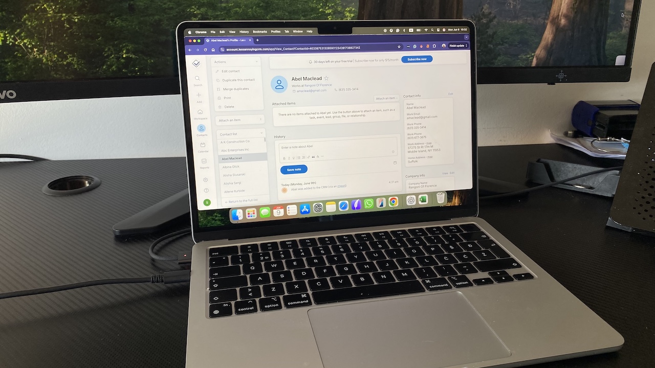 Less Annoying CRM contact profile on laptop screen with task tracking, pipeline info, and event scheduling tools