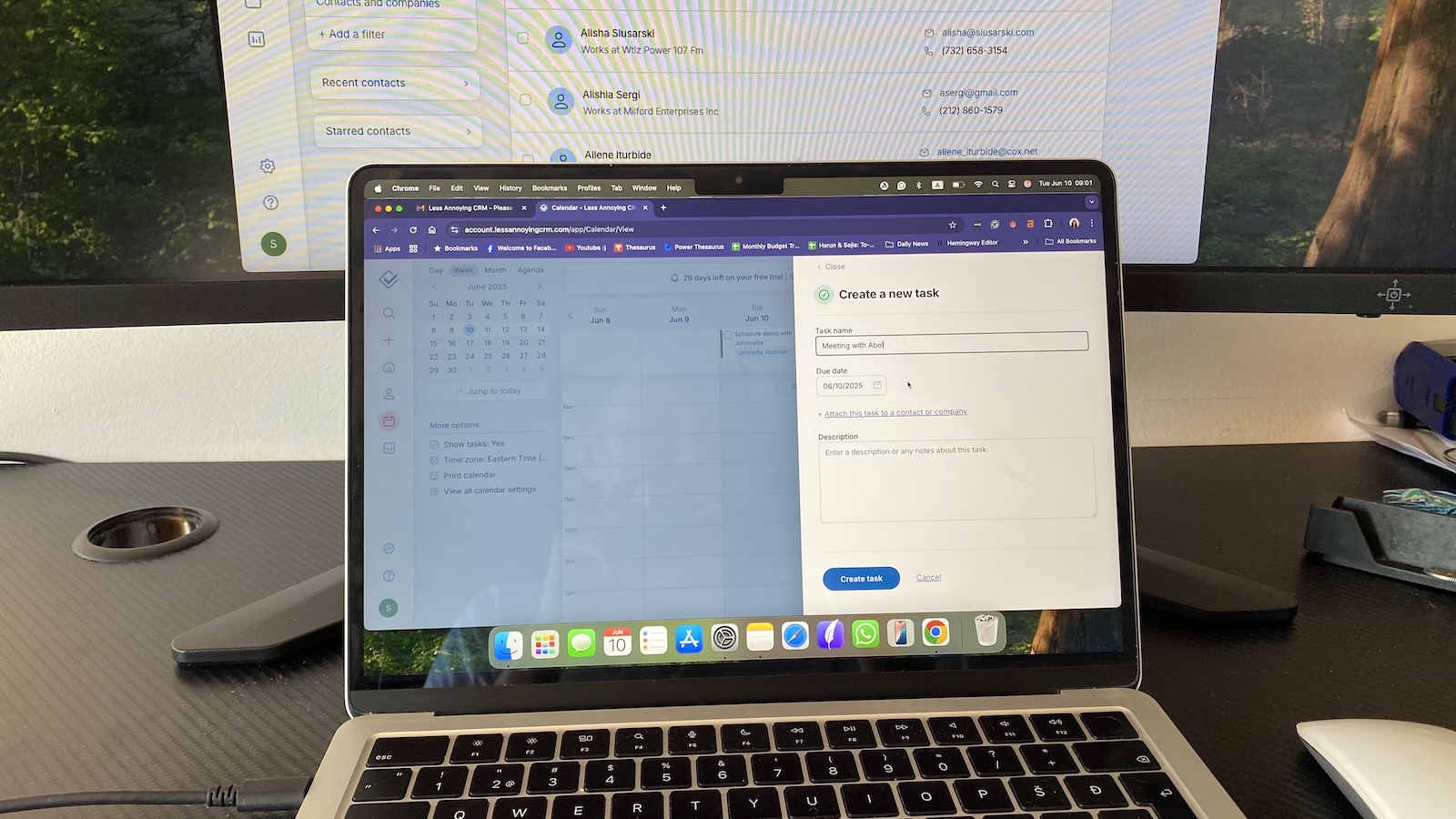 Less Annoying CRM task creation panel open next to a monthly calendar view.