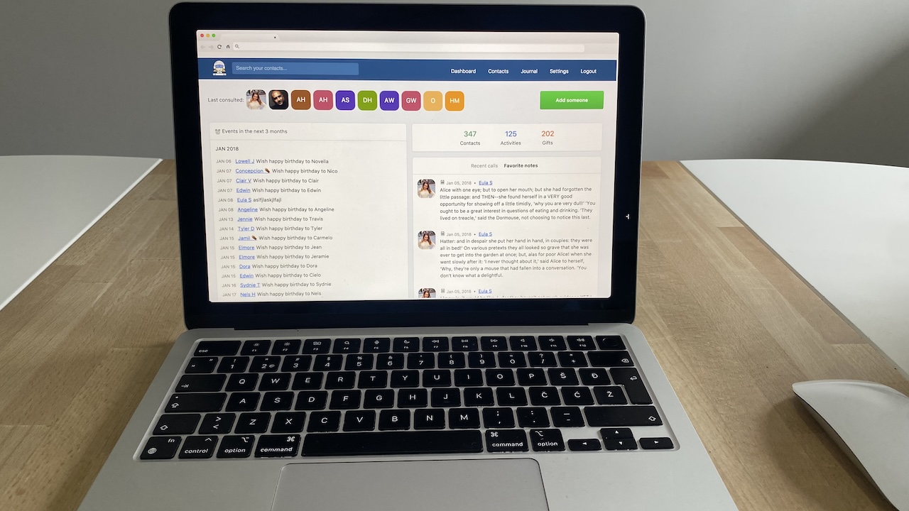 Monica CRM dashboard showing contacts timeline, upcoming events, and favorite notes view.
