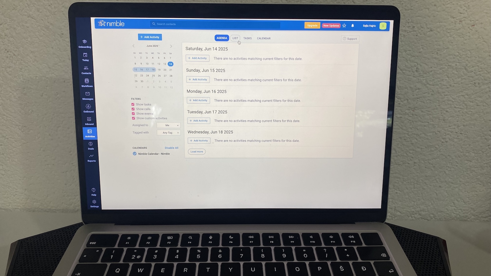 Nimble CRM tasks in agenda view, showing a list of upcoming dates with scheduled tasks, plus options to add tasks, calls, events, and filter views.