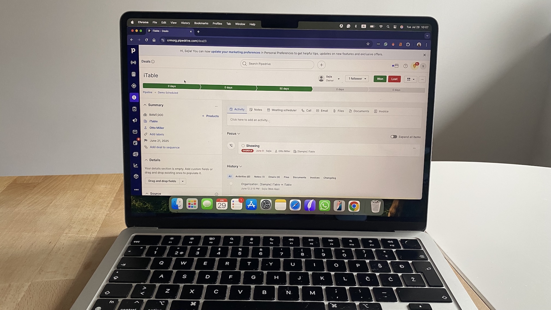 Pipedrive deal detail view showing timeline, summary, activity feed, and related contact and organization info.
