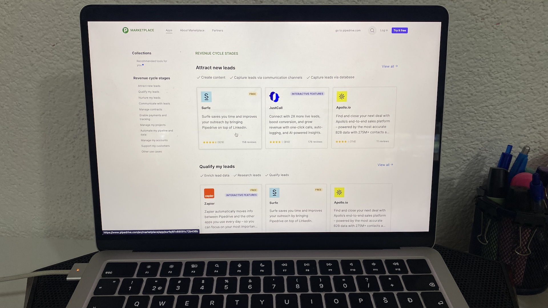 Pipedrive Marketplace showing lead generation and qualification apps categorized by revenue cycle stage.