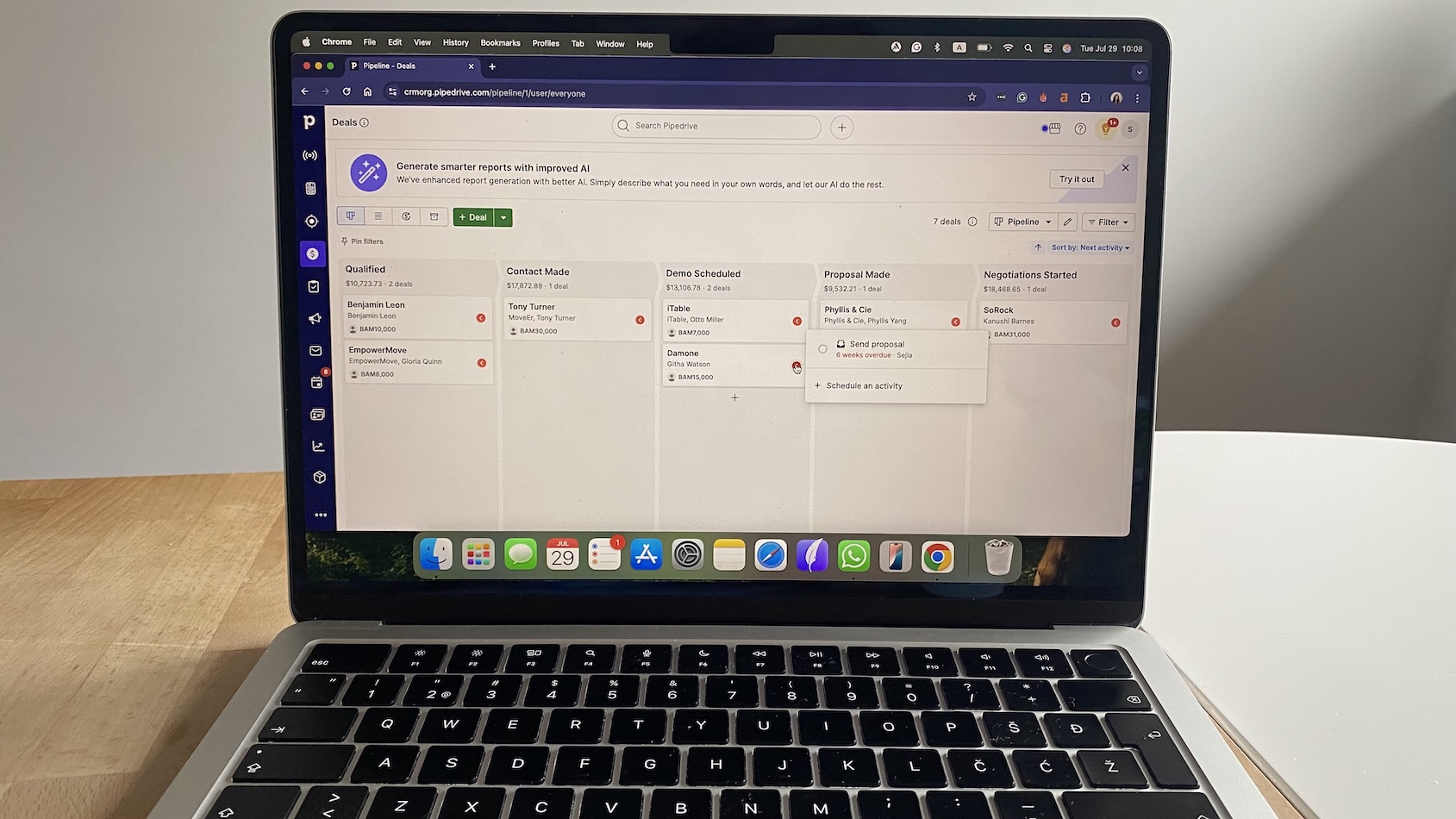 Pipedrive CRM pipeline view showing deals progressing through sales stages like Qualified, Demo Scheduled, and Proposal Made.