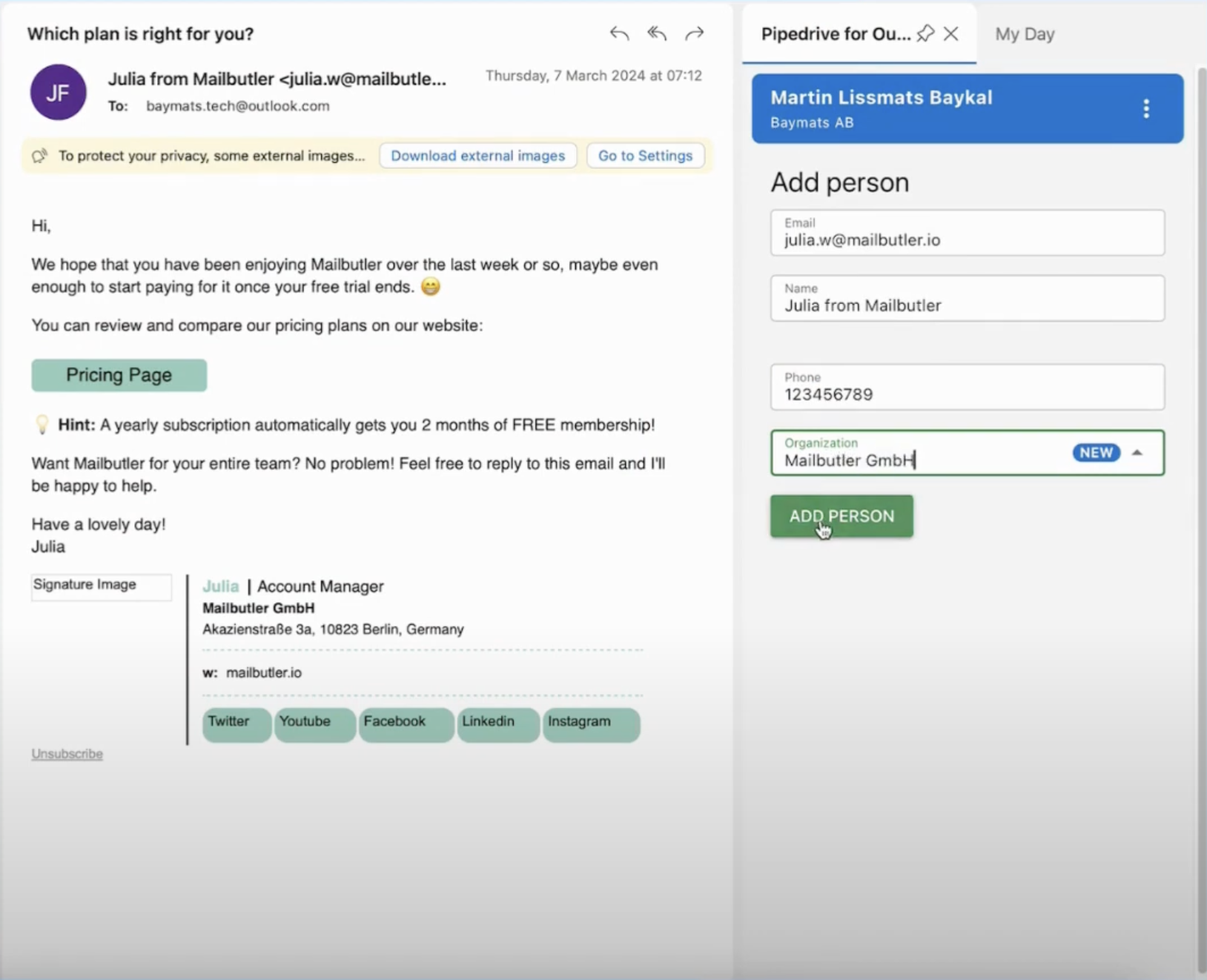 Pipedrive sidebar in Outlook lets users add a new contact from an email, with fields for name, email, phone, and company.