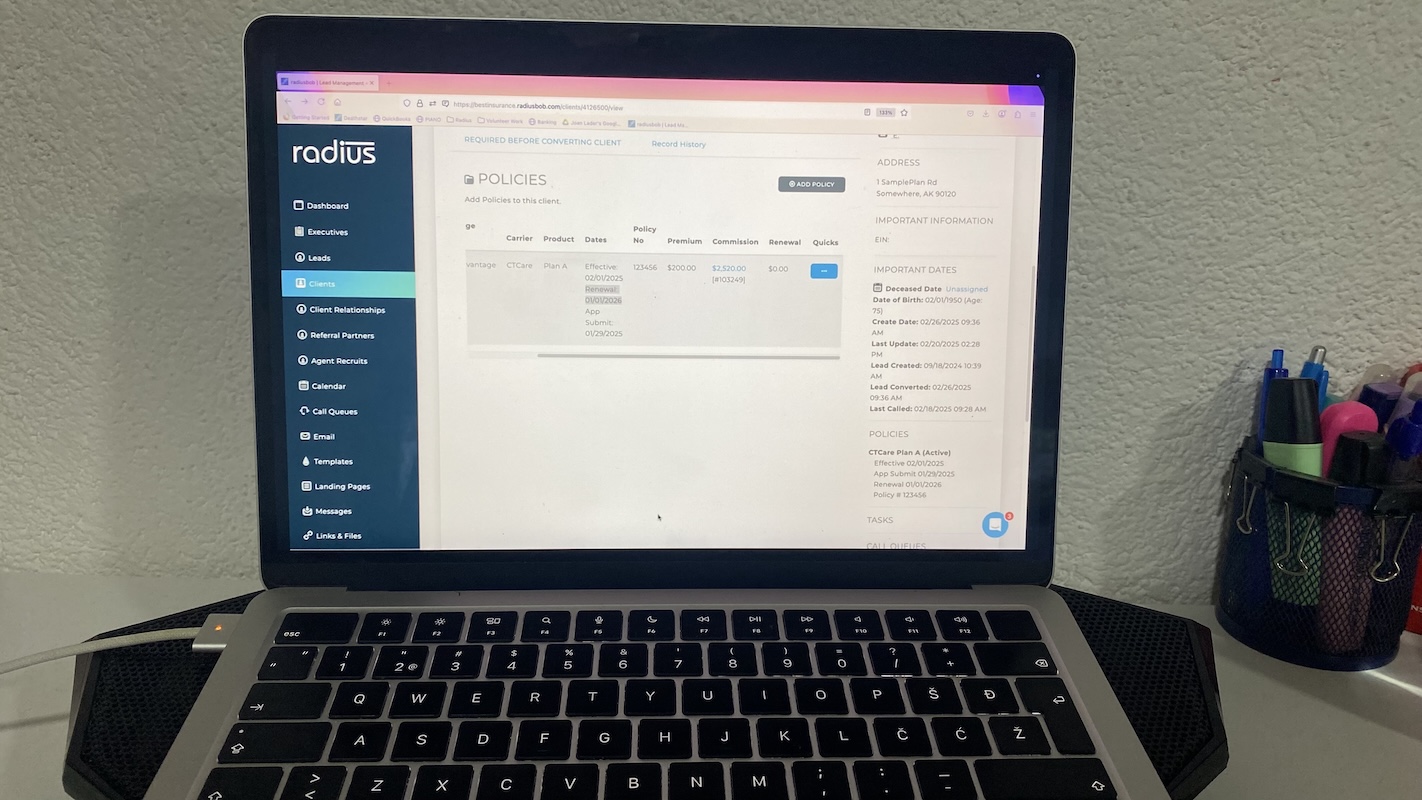 Radiusbob CRM client policies screen showing carrier, product, policy details, premium, commission, and renewal dates.