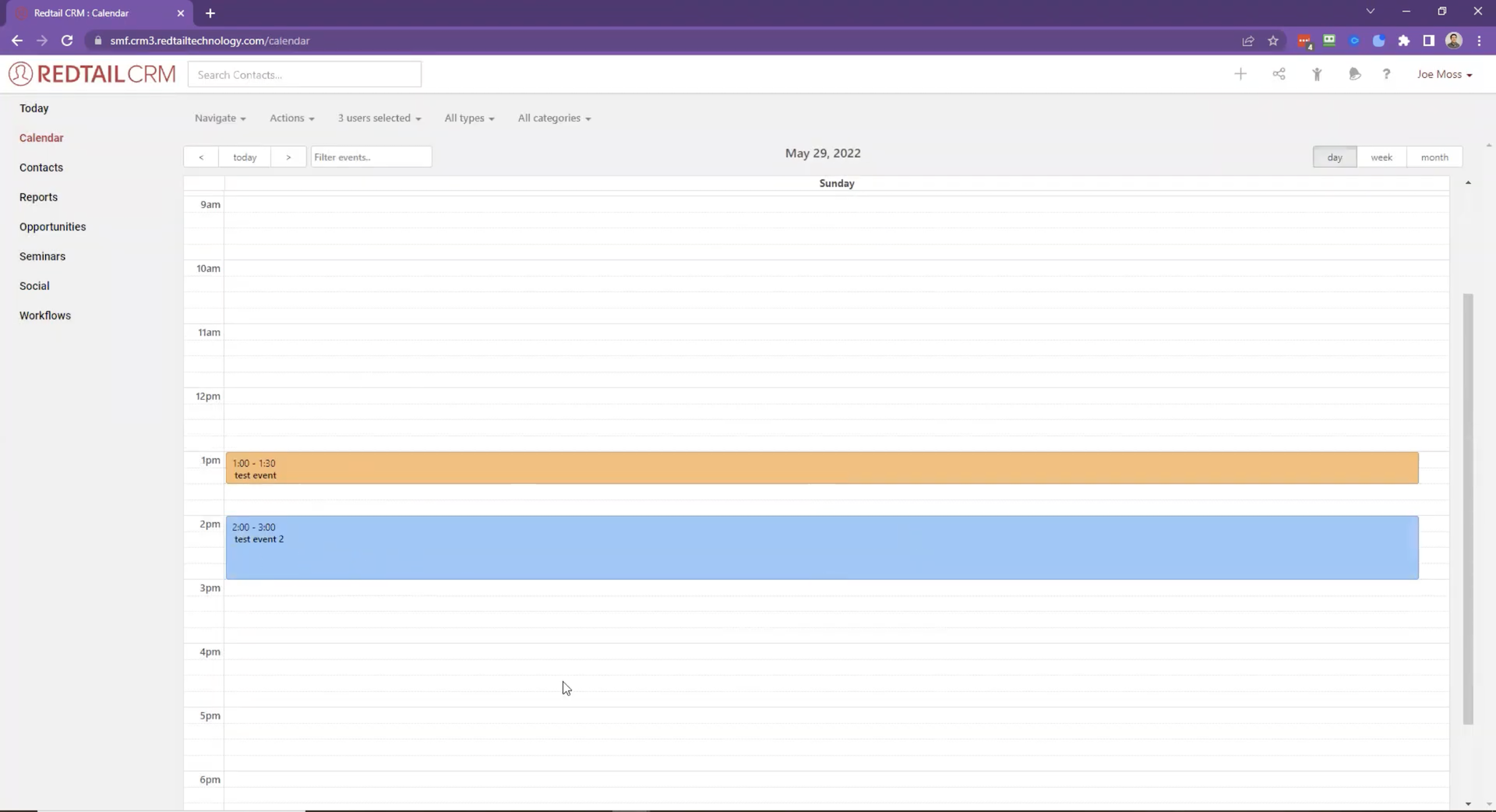 Calendar view from Redtail CRM showing scheduled events, which can sync with Microsoft Outlook for scheduling consistency.