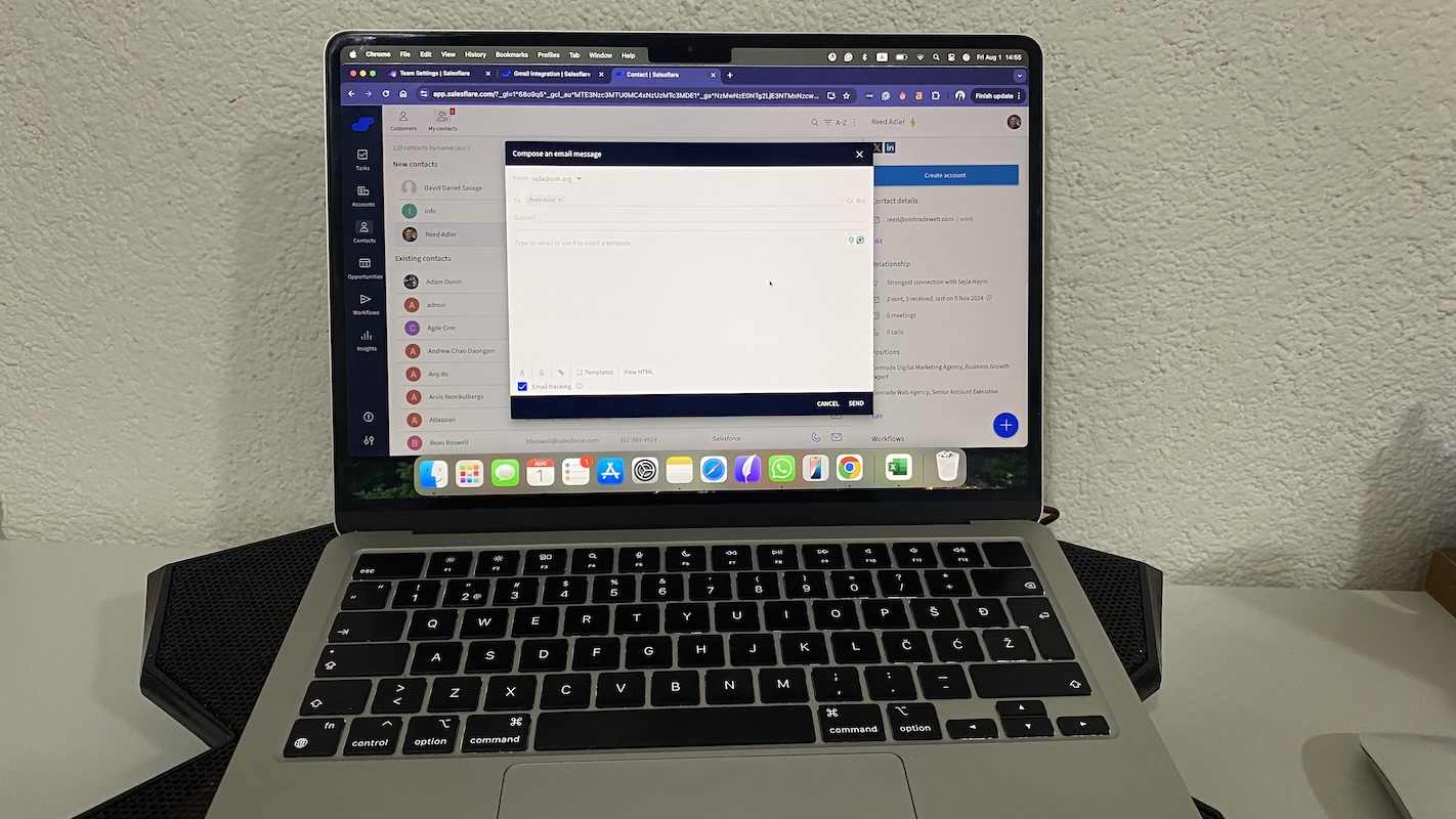 Salesflare Gmail integration showing imported contacts and email compose window with templates and tracking options, all inside Salesflare