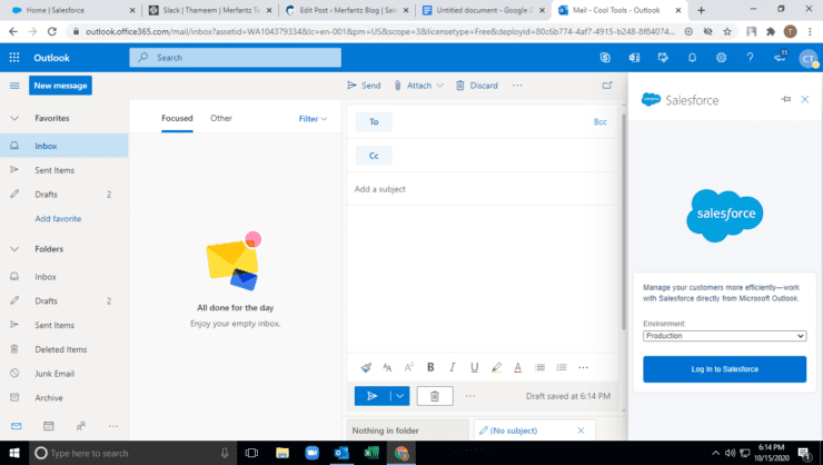 Outlook inbox with Salesforce integration panel open for logging in and managing CRM environment.