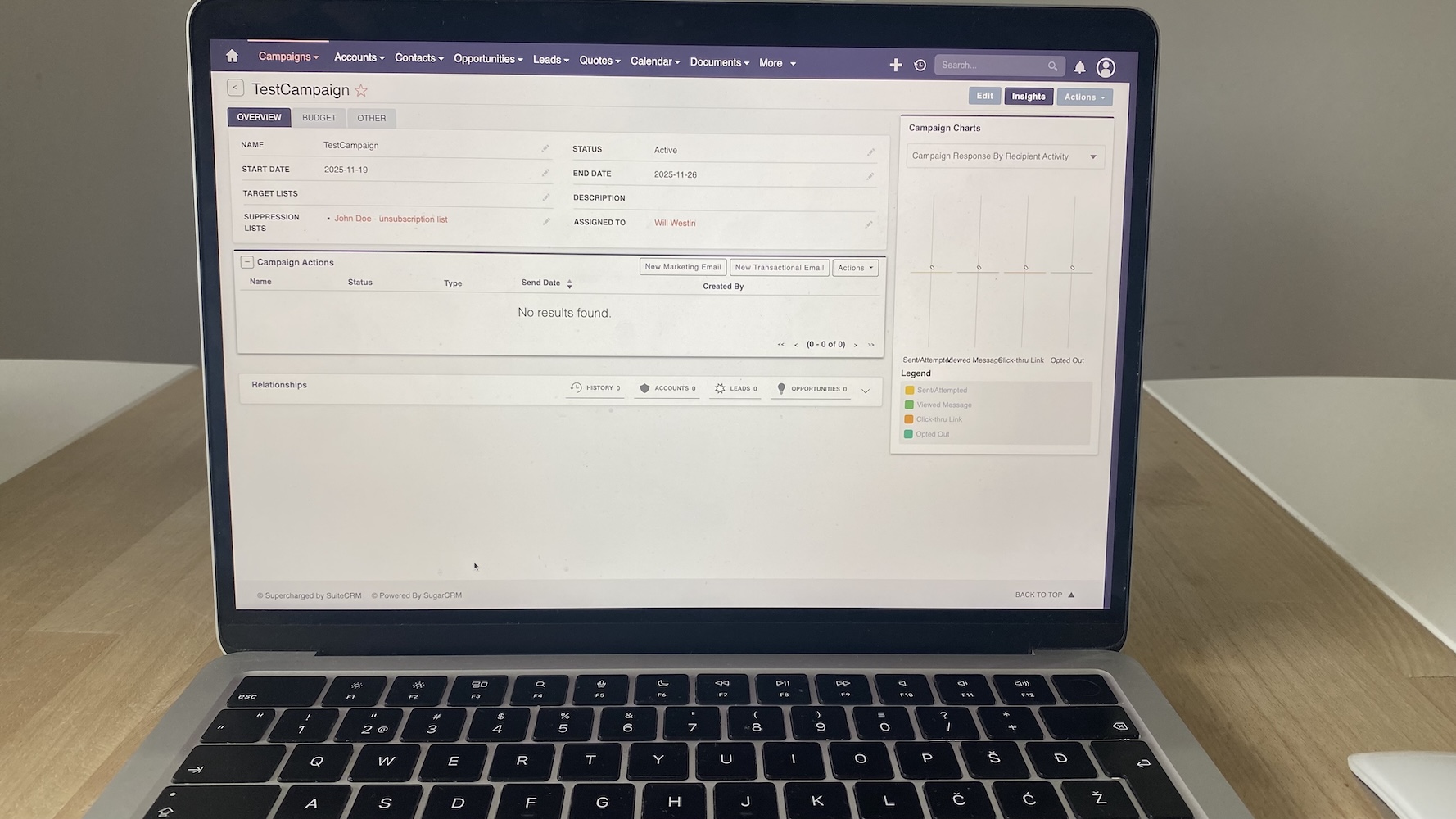 Campaign detail screen in SuiteCRM showing campaign name, status, assigned user, timeline, and performance chart panel.