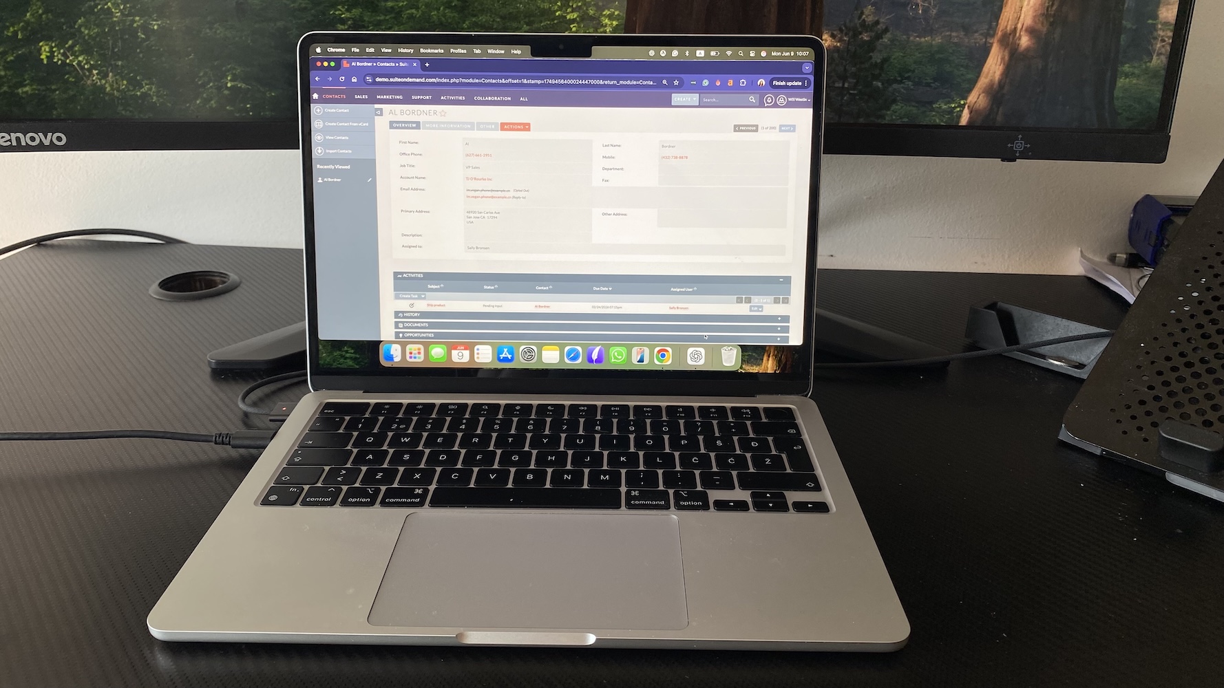 SuiteCRM contact profile showing individual details, activities, and linked opportunities in a structured, multi-tab layout.