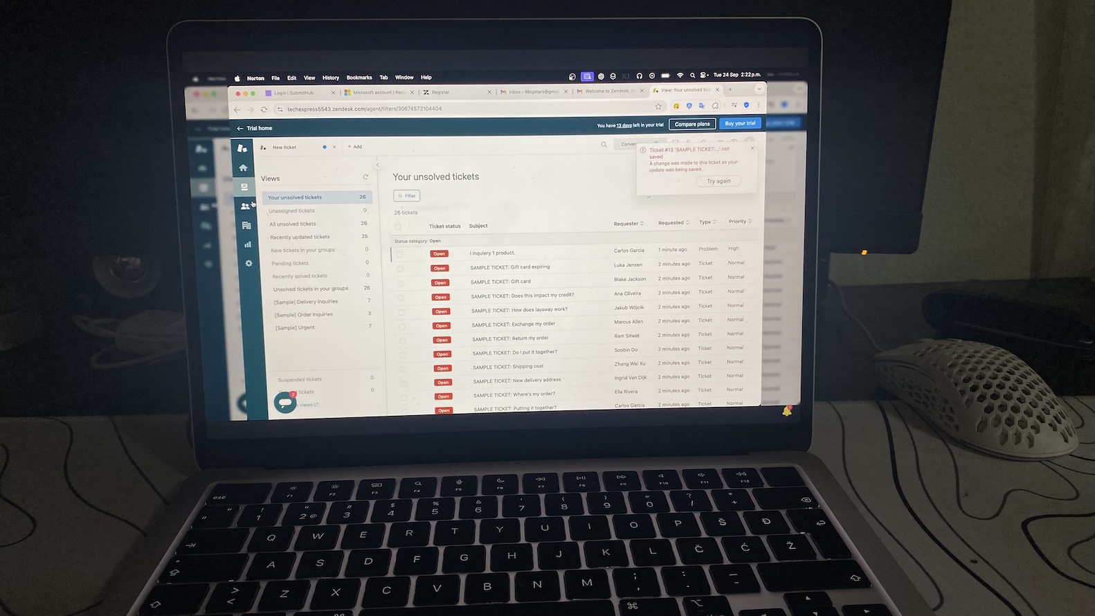 Zendesk CRM showing a list of unsolved support tickets on the agent dashboard.