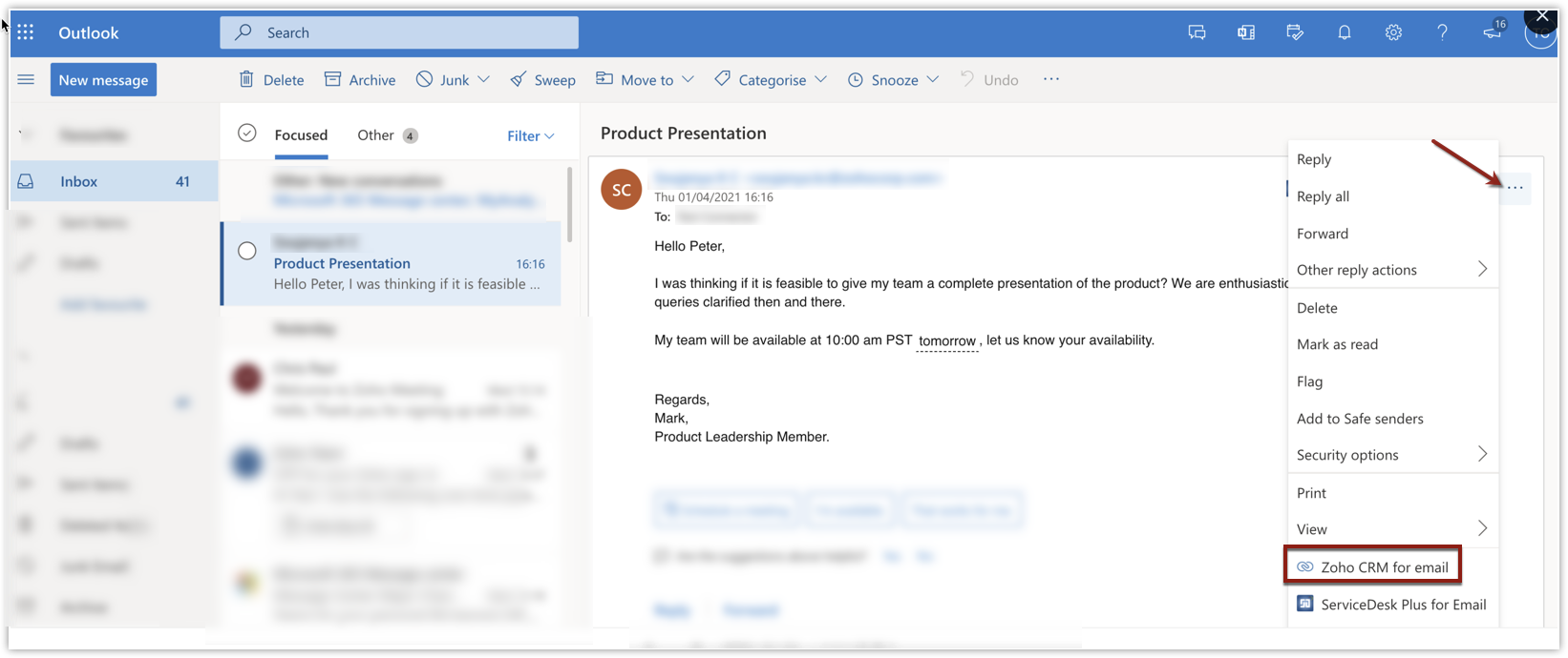 Outlook inbox showing Zoho CRM integration, with the option to save an email thread directly to the CRM from the dropdown menu.