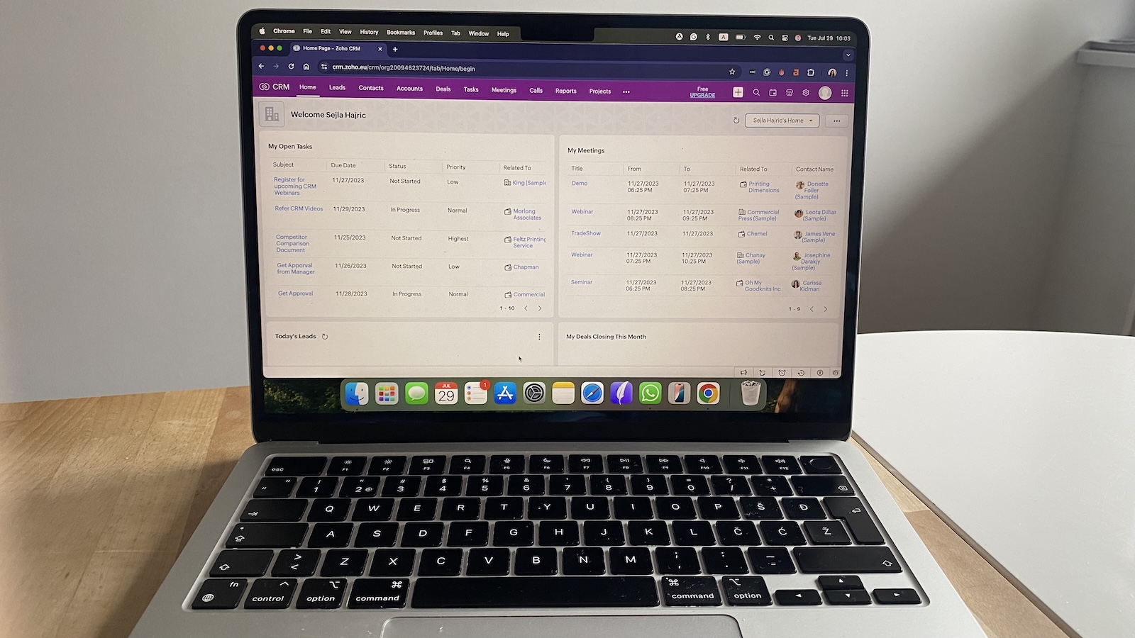 Zoho CRM dashboard showing open tasks, scheduled meetings, and deals closing this month.
