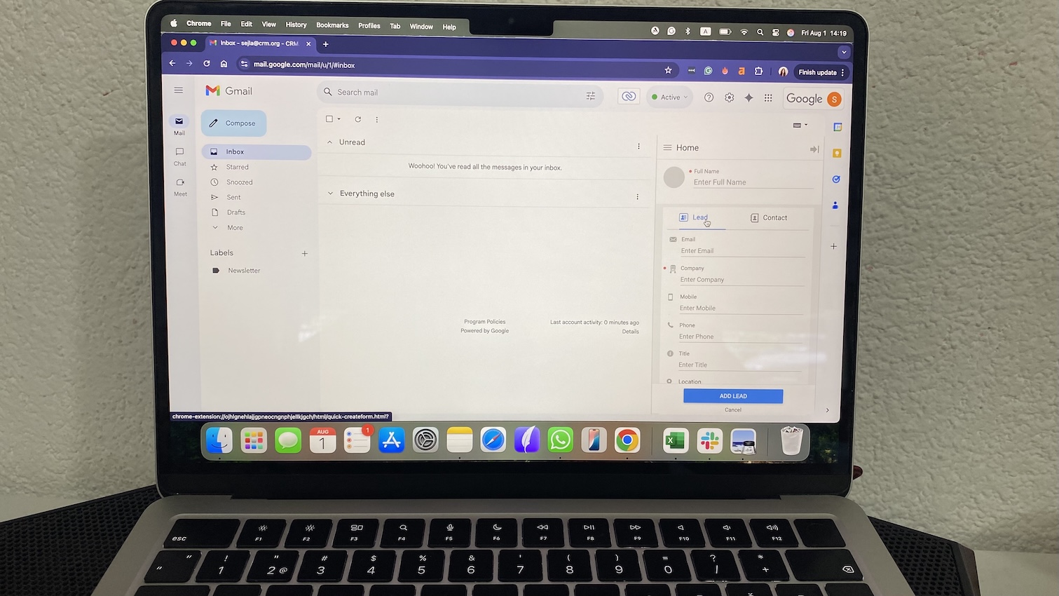 Zoho CRM Gmail plugin with add-lead panel open, displaying fields for name, email, company, phone, and job title