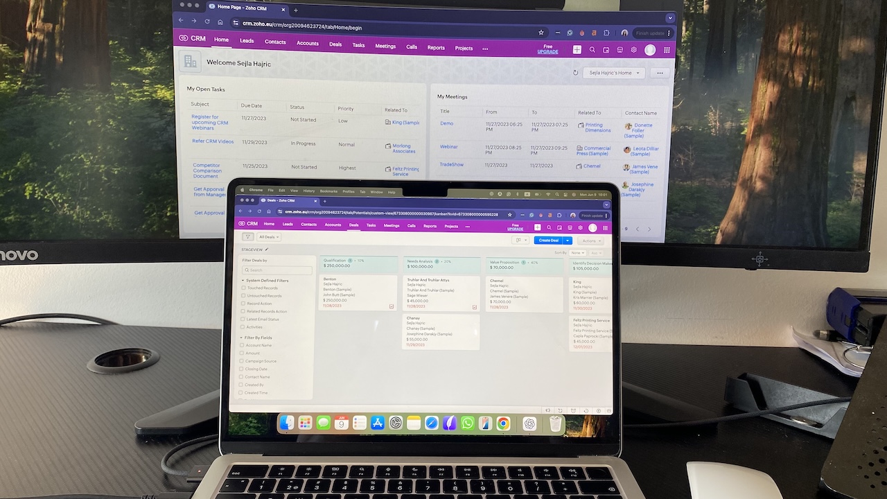 Zoho CRM interface showing task dashboard and deal pipeline stages for managing sales and customer interactions