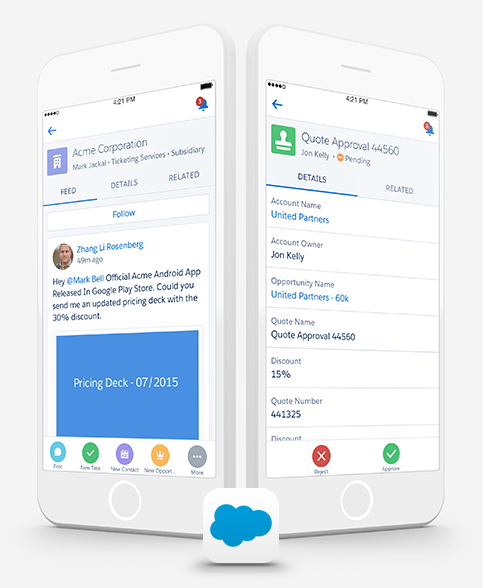 Salesforce mobile app showing account details, quote approval with discount, and contact activity feed on two phone screens.