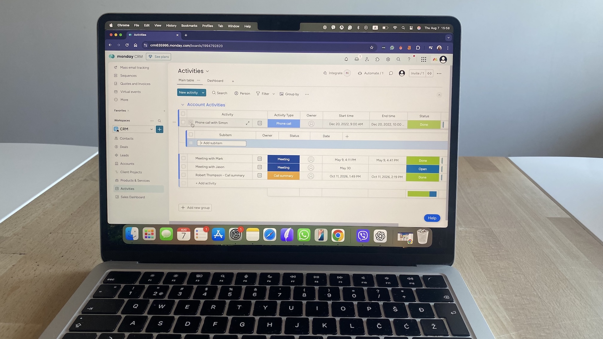 Account activity tracking in Monday CRM, showing meetings, calls, and their completion status on a timeline.